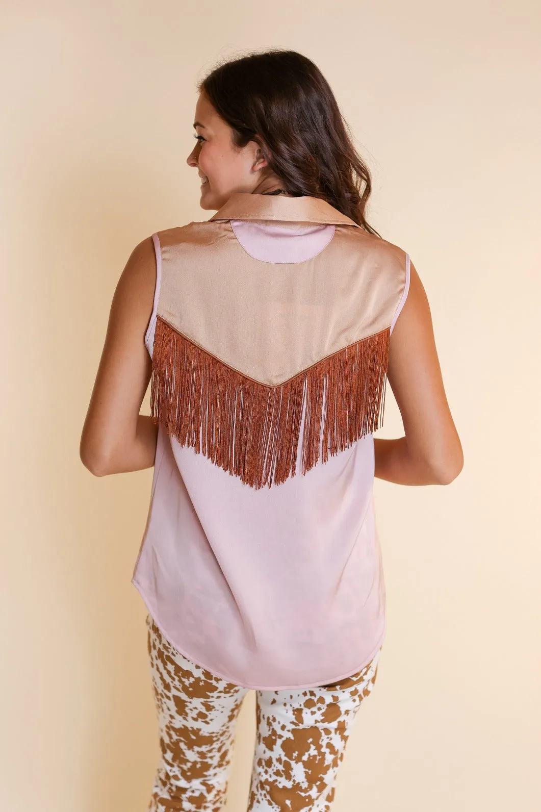 Sleeveless Satin Fringe Top, Pastel