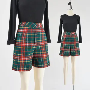 Vintage 60s 70s Green Tartan Plaid Shorts High Waisted Preppy Mod Wool size XS