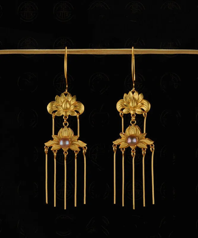 Vintage Gold Sterling Silver Overgild Pearl Floral Tassel Drop Earrings QQ007