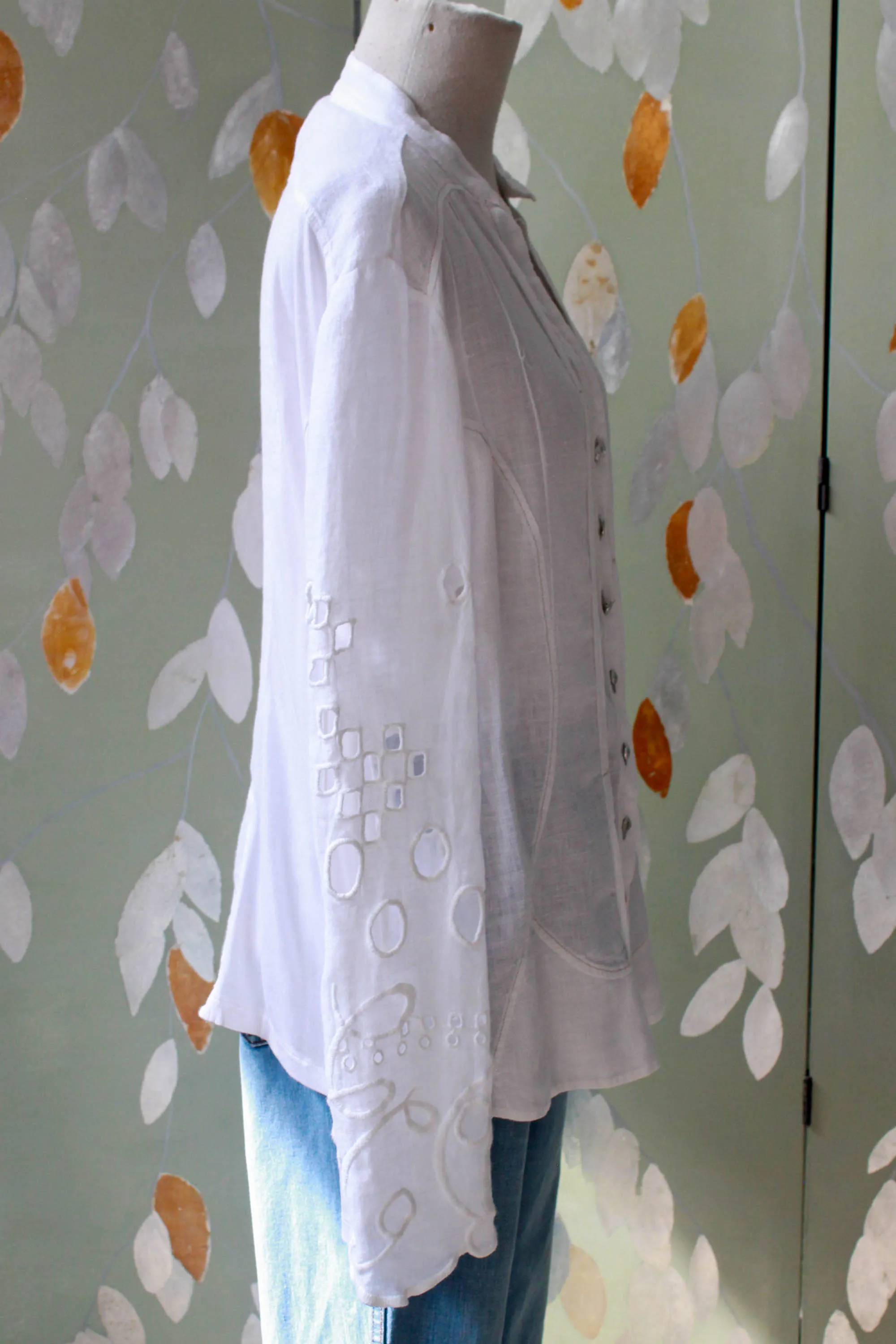 White Embroidered Italian Linen Blouse, Medium