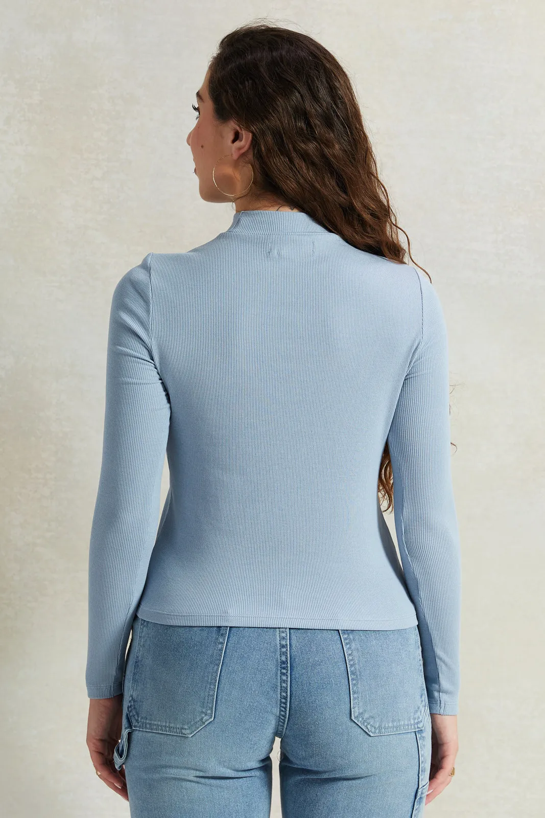 Women Blue Solid High Neck Long Sleeves T-Shirt