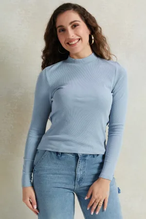 Women Blue Solid High Neck Long Sleeves T-Shirt